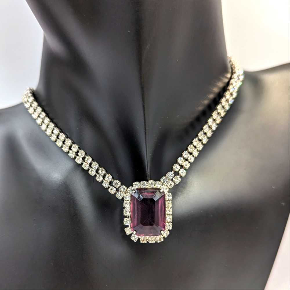 Rhinestones Statement Necklace Silver Tone Amethyst And Clear Crystals Vintage